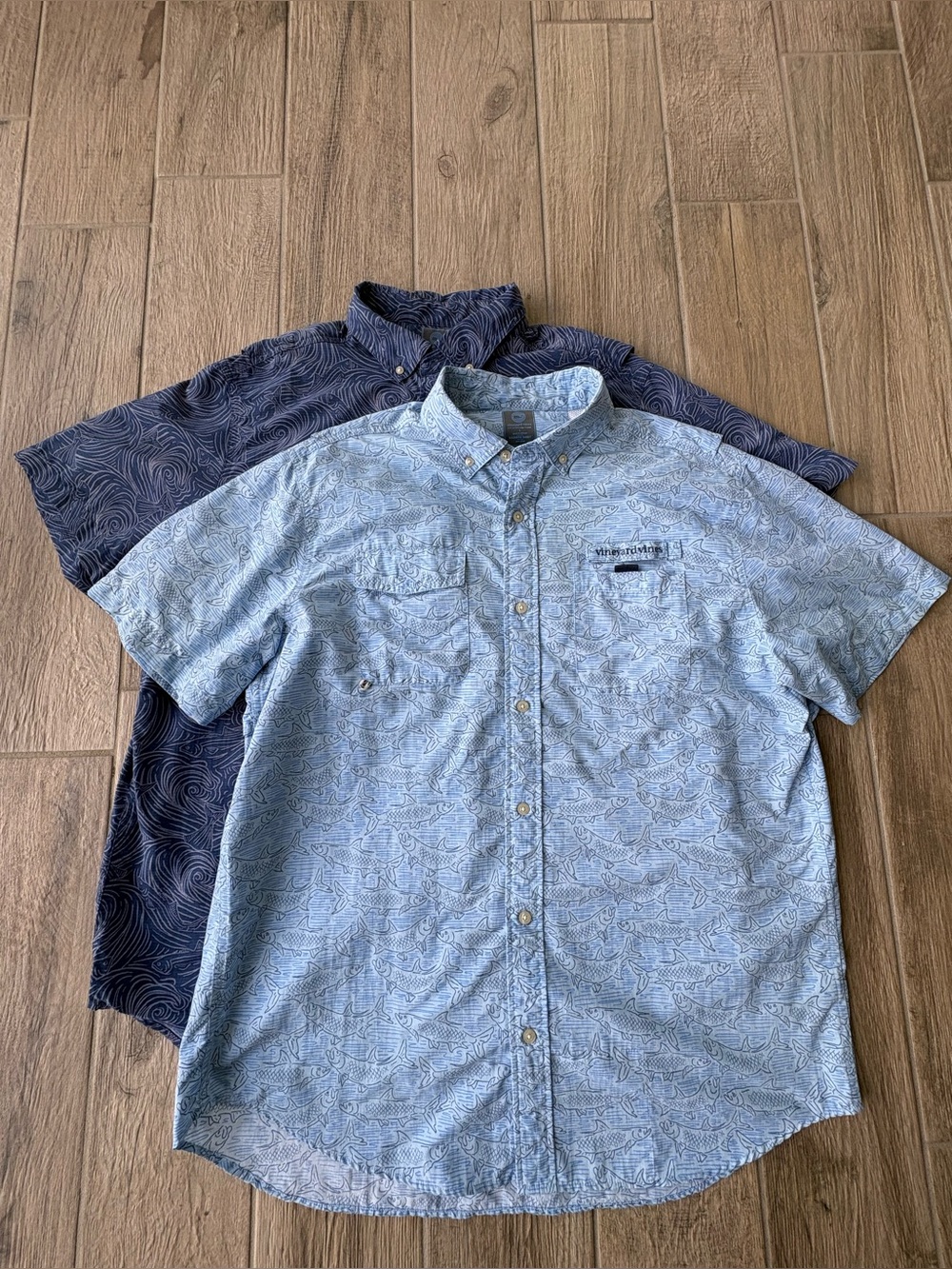 Vineyard Vines Harbor Short Sleeve Shirts Light Blue & Navy Fish Pattern Men’s L
